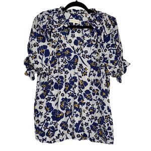 Cabellero Blue White Floral Silk Blend Blouse Womens L Puff Sleeve Boho Shirt